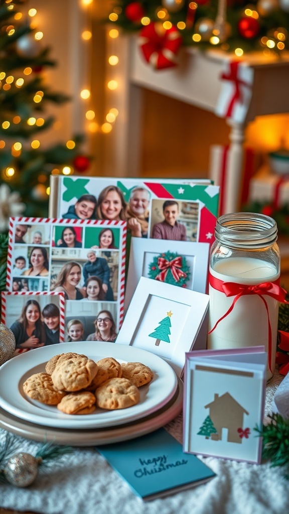 A collection of homemade Christmas gifts including cookies, a photo album, candles, and handmade cards in a festive setting.